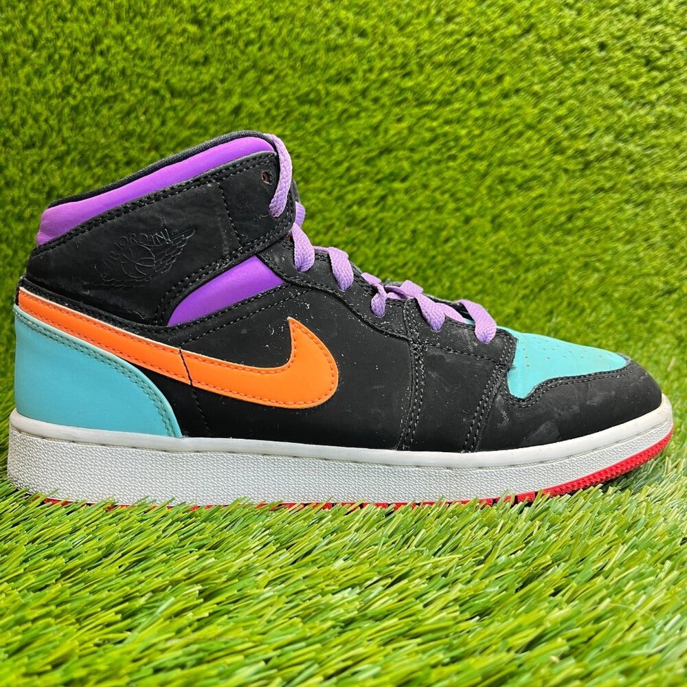 Nike Air Jordan‎ 1 Mid Girls Size 6Y Black Blue Purple Athletic Shoes Sneakers